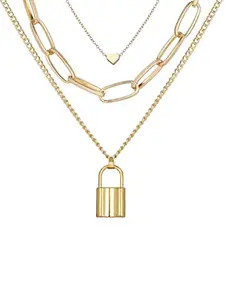 Vembley Stunning Gold Plated Triple Layered Heart and Lock Pendant Necklace For Women and Girls