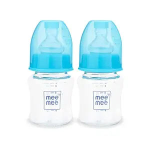 Mee Mee Glass Feeding Bottle 50ml| Baby Milk Bottle with Eazy Flo Technology, Anti-Colic Valve, Anti-Slip Ergonomic Shape & Wide Neck | BPA-Free, Borosilicate Glass Feeding Bottle for 0m+/Babies Upto 3 Years (Blue, Pack of 2)