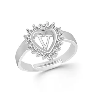 VSHINE FASHION JEWELLERY VSHINE Adjustable Alphabet "V" Initial Letter Valentine Propose Day Ring American Diamond Free Size Silver Rhodium Plated Fashion Jewellery For Women, Girls, Wife, Girlfriend And Loved Ones-VSFR1439R