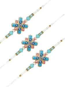 Adiva Pack of 3 Evil Eye Stone & Beads Handmade Rakhi Gift Set, Rakhi for Brother for Raksha Bandhan with Pooja Thali & Roli Chawal Bag