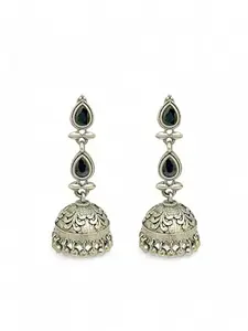 Femmibella Silver-Plated Black Stone Studded Dome Shaped Dangler Jhumka Earrings For Women and Girls