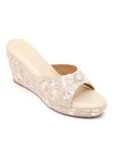 V-WALK Women Slip-On Platform Heel Sandals | Elegant Embroidered Upper | Ethnic, Festive Occasions, Shopping, Outdoor Women Heel Sandals | Heel Height: 3.5 Inches | Beige