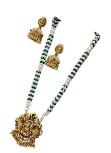 KGR Splash Floral Lakshmi Design Pendant With White small Pearls With Mixed Green Pearl Haram & Earrings