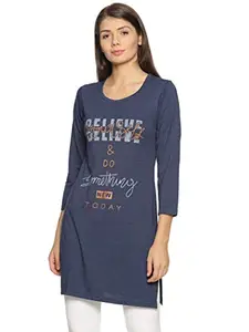 RYSH Women's Cotton Regular Fit Long Sleeve Longline T-Shirt (Denim Melange, 3XL)