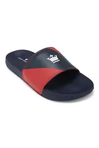 Louis Philippe Men Navy & Red Colourblocked Logo Printed Sliders