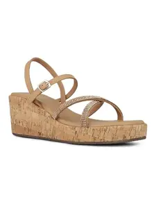 Inc.5 Womens Beige Party Wear Ethnic Striped Wedge Heel Sandals