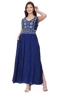 Majestic by Japnah Women's Fit and Flare Maxi Dress Solid with Embroidered Cut Sleeve V-Neck One Piece Dress for Women Latest Gown Summer Dresses (MBJDR000098_M_Blue)