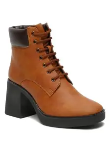 Bruno Manetti Women's Tan Lace up with Triangle Heel shape Ankle Length Comfort Mid Top Heel Boots