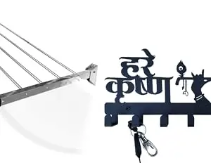 CONCEPT & SOLUTIONS 5 Pipes x 5 Feet - Foldable Wall Mounted Cloth Dryer/Clothes Stand (5 Pipes, 3 feet) and Lord Krishna with Flute Metal Key Holder, Shree Krishna Steel Key Rack, Metal Key Cabinet Combo Pack|CS-473