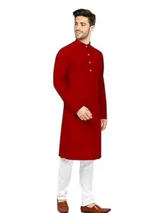 SHRI Krishna International®Men's High Neck Long Sleeves Knee Length Regular Fit Solid Cotton Kurta (Red -XL)