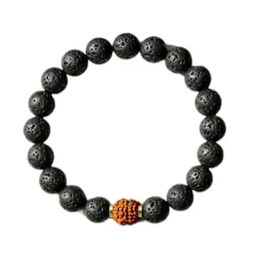 Divine Rudraksha Bracelet with Lava Stone | Natural Spiritual Healing Bracelet for Protection, Strength & Grounding | Unisex Stretchable 8 mm Beads