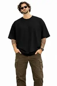 AngelUrza Oversized T-Shirt for Men | Heavyweight 100% Pure Cotton Bio-Washed Combed | Boxy Drop Shoulder Plain Solid Round Neck Half Sleeve Baggy Fit Casual Streetwear Summer Basic Tee