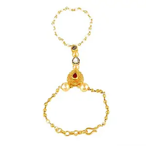 Yellow Chimes Kundan Studded Pearl Gold Plated Hathphool Ring Bracelet for Women and Girls