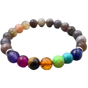 RRJEWELZ Natural 7 Chakra Stone & Botswana Agate 8mm Round Shape Smooth Cut Beads 8 Inch Stretchable Bracelet For Men & Women. Unisex Bracelet For Healing, Meditation & Luck|STBR_RR_10507_8.0