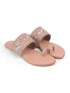 TOUCH HEEL flats for women stylish latest kolhapuri chappal - Embroidered Sandals for Women - Perfect for Casual and Festive Occasions (PEACH, UK Footwear Size System, Adult, Women, Numeric, Medium, 8)