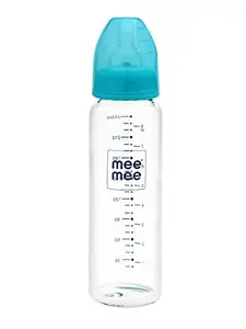 Mee Mee Premium Glass Feeding Bottle with Eazy-Flow Technology, Anti-Colic Valve,Anti Slip,BPA-Free Baby Feeding Bottle for Babies & Toddlers(Blue, 240Ml)
