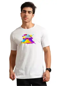 ENCIGER Men's Holi Party Outfit - Colorful Graphic Cotton White T-Shirt for Festival of Colors, Large