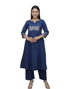 RAJEE TRENDS Women's Cotton Embroidered Straight Kurti with Pant Set