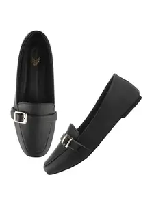 Shoetopia Shoetopai Women's Black Classic Loafer Belly Shoes with Buckle Detail – Comfortable Slip-On Flats for Office & Daily EU37