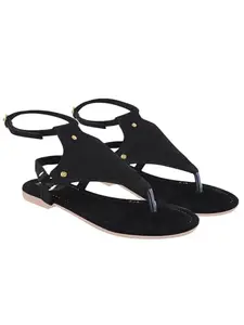 Shoetopia Women’s Black Suede Flat Sandals – Stylish Toe Ring T-Strap with Ankle Buckle, Comfortable Summer & Casual EU40