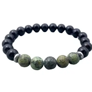 RRJEWELZ Natural African Turquoise & Tourmaline 8mm Round Shape Smooth Cut Beads 7.5 Inch Stretchable Bracelet For Men & Women. Unisex Bracelet For Healing, Meditation, Prosperity & Luck|STBR_RR_10532_7.5