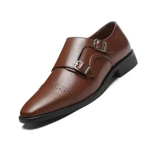 LOUIS STITCH Men's Formal Shoes | Italian Leather Double Monk Strap Handcrafted | Stylish Lace-Up Business, Formal, Tan | UK Size 7 (RXDMTN-)