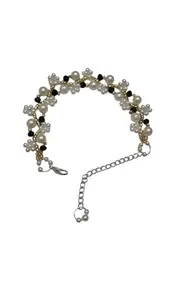 Pearl and Black Beaded Bracelet with Floral Design, Gold-Toned Chain, Adjustable Length