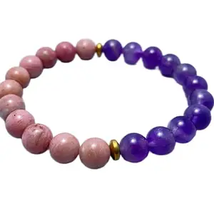 RRJEWELZ Natural Amethyst & Rhodonite 8mm Round Shape Smooth Cut Beads 8 Inch Stretchable Bracelet For Men & Women. Unisex Bracelet For Healing, Meditation, Prosperity, Gift & Luck|STBR_RR_10577_8.0
