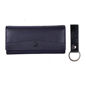 Hawai Genuine Leather Stylish Blue Wallet with Key Chain for Women and Girls | 4 Compartment | 5 Zippered Pocket | 2 Photo ID Window | 3 Card Slots |