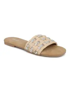 INC.5 Women Beige Stones Embellished Open Toe Flats