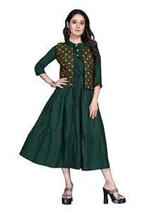 queens world Elegant RAYON dress gets a modern upgrade with stylish embroidery and digital print gives it a contemporary New look SizeLarge(L) Color(Green)