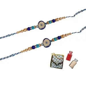 SWEKSHA CREATIONS Premium AD stone work EVIL EYE Rakhi Set for Brother Designer Blue Rakhis with Roli Chawal Pack Combo for Raksha Bandhan (2 Rakhi)