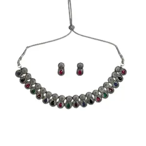 ELEGANT EDITION Oxidized Choker Necklace Set with Multicolor Stones – Traditional Tribal Design for Women & Girls