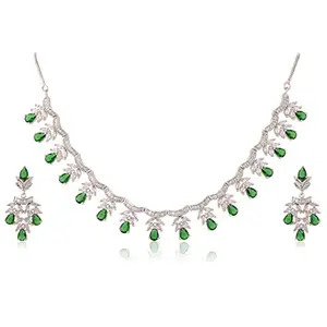 RATNAVALI JEWELS American Diamond Silver Plated Traditional Fashion Jewellery Green Necklace Set with Earring for Women/Girls RV4133G-SP