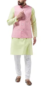 SOJANYA (Since 1958 Men's Cotton Linen LimeGreen Kurta With White Pyjama & Pink Nehrujacket Combo, Size: 40