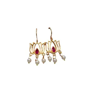 Kamal Bugadi+Earring, Traditional Gold-Plated Bugadi Earrings with Pink Stones and Pearl Drops, Floral Design, 2.5 cm Length