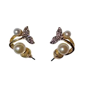 SASTA COSMETICS korean earrings/Premium Pearl Mermaid Tail Stud Earrings, Gold-Plated with Crystal Accents, Double Pearl Design gold earrings for women