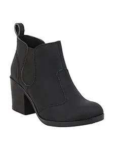 Shoetopia Girls Black Pull On Solid Mid Top Heeled Boots-EU36