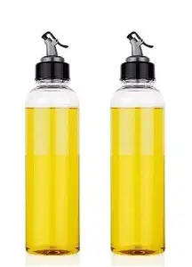 HP Airtight Leak Proof Crystal Clear Transparent Unbreakable Plastic Oil Bottle for Olive Oil, Vinegar, Cruet Soy Sauce, Restaurant Dispenser Lid (1000 ml)(Pack of 2)