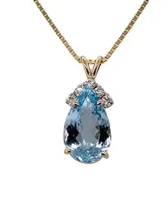 925 Sterling Silver Pear Blue Topaz Diamond Pendant 18'' Chain NecklaceWith Yellow Rhodium