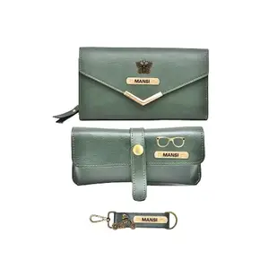 Vorak Ahimsa Ahimsa Leather Customized Women's 3 Pcs Combo | All in One Women's Combo Leather Wallet, Keychain, and Eyewear Case (Green)