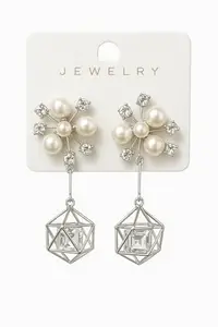 Pearl Drop Earrings, Crystal Cube Pendant, Silver-Tone Floral Design