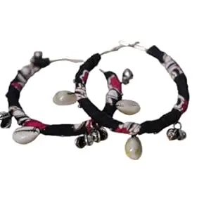 Honnएशा Handmade Boho Tribal Hoop Earrings for Women & Girls | Blue Fabric Hoops with Cowrie Shells & Ghungroo | Lightweight Ethnic Statement Jewelry for Festivals & Daily Outfits (Black)