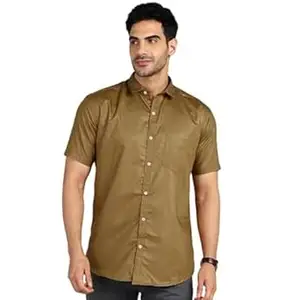 MILDIN Men's Cotton Blend Solid Shirt with Spread Collared Half Sleeve Curved Hemline Button Closure Regular Fit and One Pocket | Half Sleeve Shirt for Men