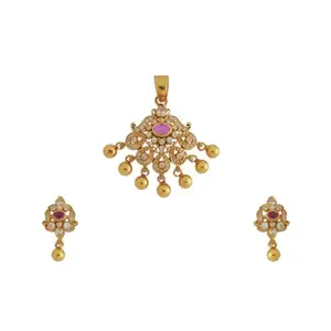 Kushal's Fashion Jewellery Ruby Gold Plated Ethnic 92.5 Pure Silver Temple Pendant Set - 425308