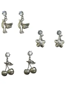 9blings Set of 3 Silver Plated Cubic Zirconia Drop Earrings For Women and Girls