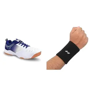 Nivia HY-Court 2.0 Badminton Shoe for Mens (White/Blue) Size - UK-9 Wrist Band WB01 (L, Black)
