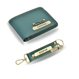 YOUR GIFT STUDIO Personalized Leather Wallet with Customized Keychain Name, Men's Birthday Gift Set for Men Combo, Birthday Gifts for Boyfriend, Husband, Father, Brother with Name and Charm - Green