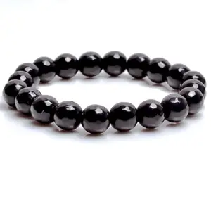 RRJEWELZ Natural Black Onyx Round Shape Faceted Cut 8mm Beads 7.5 inch Stretchable Bracelet for Healing, Meditation, Prosperity, Good Luck | STBR_01494