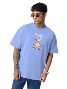 The Souled Store The Happy Pawdcast: Let's Paws Men and Boys Short Sleeves Round Neck Light Blue Graphic Printed Lightweight Drop Shoulder Streetwear Trendy Oversized T-Shirt